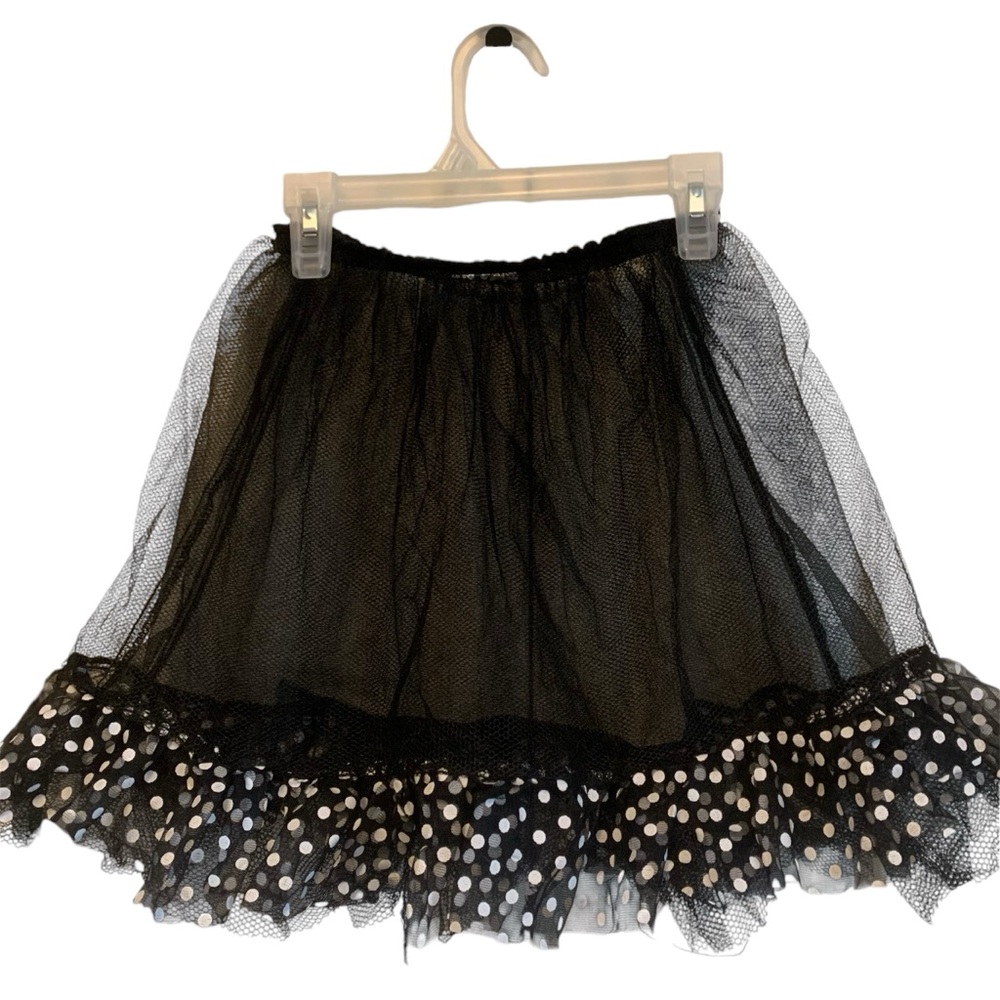 Costume tea party Halloween black mesh tutu with black and white polka dot hem